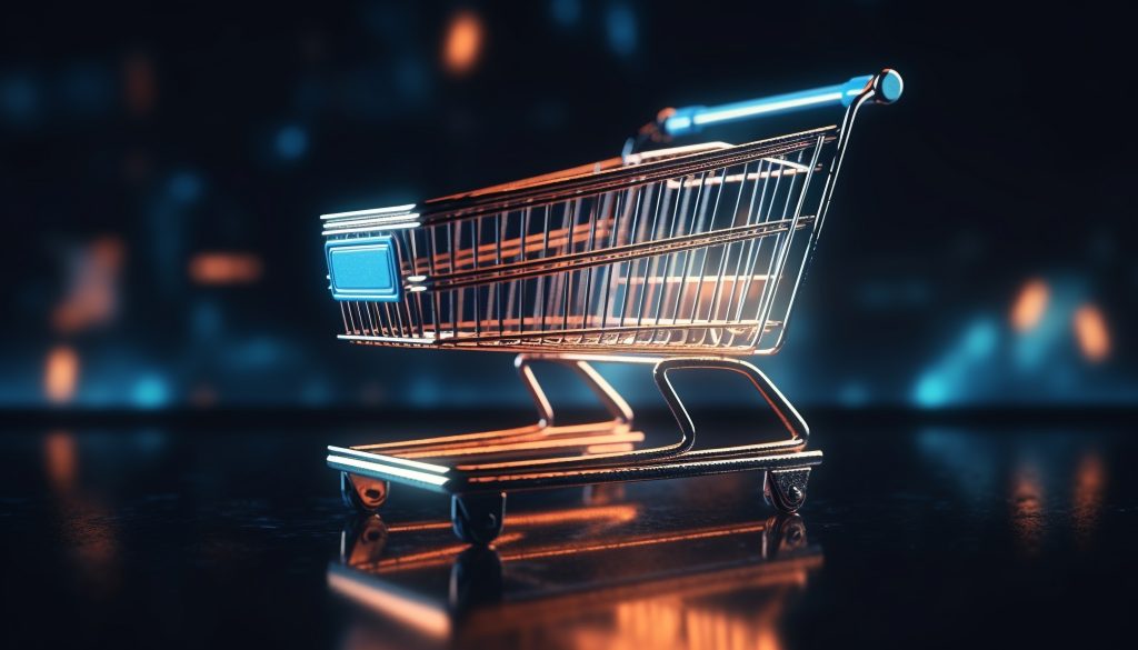 Metallic shopping cart in empty supermarket aisle generated representing the B2B e-invoicing in Spain.