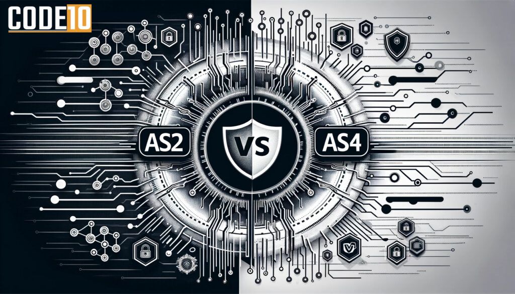 AS2 vs AS4 secure communication protocols illustrated with shield and digital network background