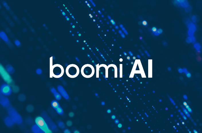 Boomi AI logo on blue digital background with abstract data light effects.