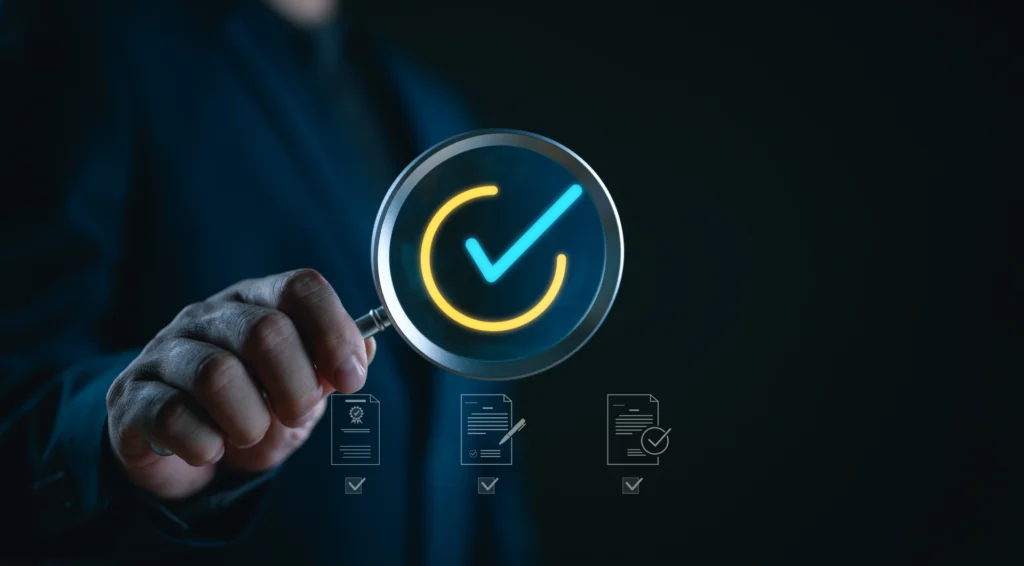 LiveWatch and AMS concept showing magnifying glass with verification checkmark representing proactive monitoring, issue validation and application management services.