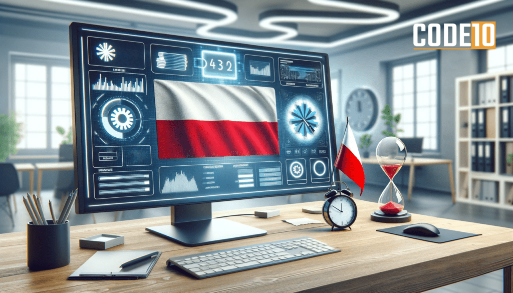Polish flag displayed on a digital dashboard illustrating the postponed KSeF e-invoicing implementation timeline.