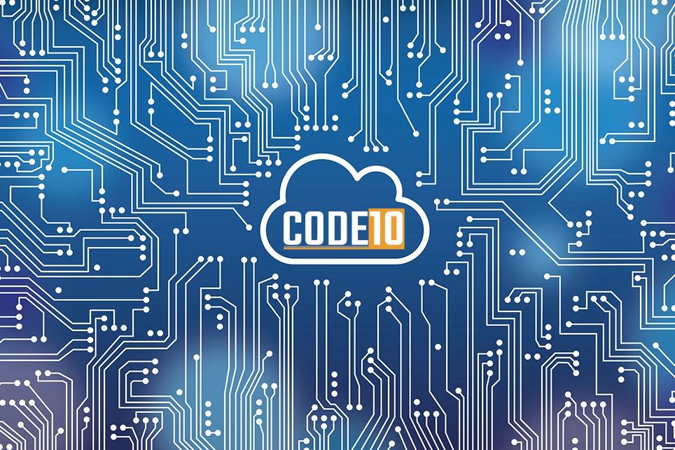 Cloud integration concept with circuit board background and Code10 logo