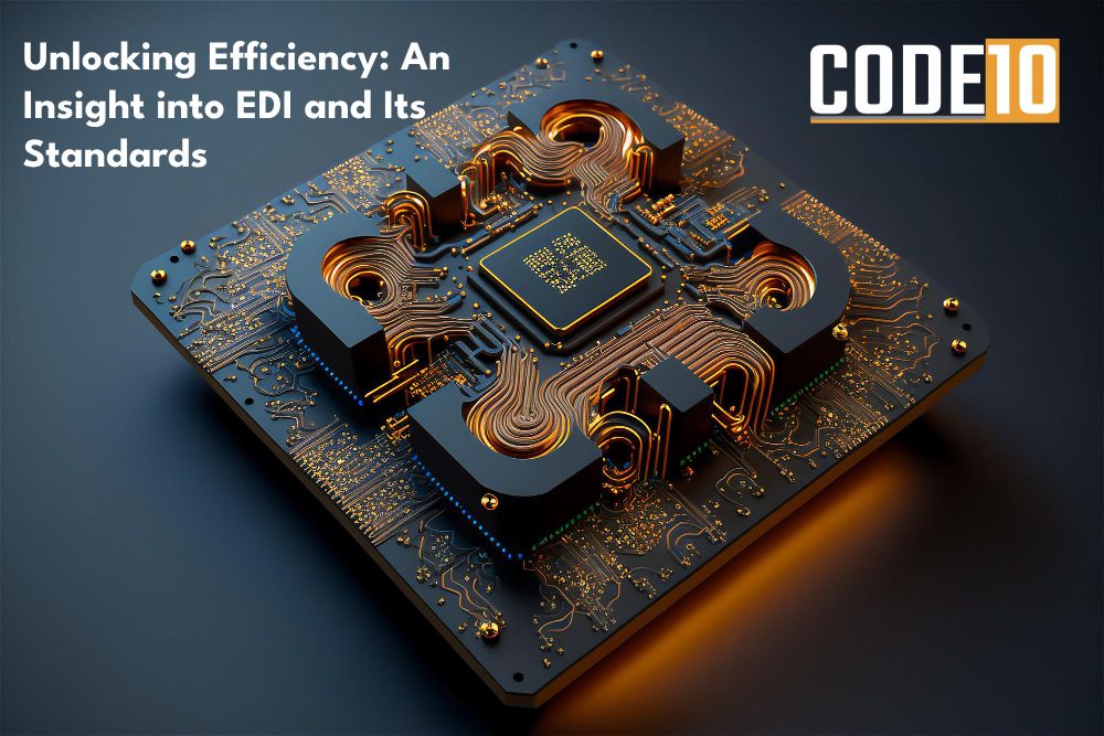 Abstract illustration of a microchip with interconnected circuits symbolizing EDI standards and digital integration.