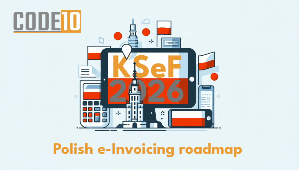 Illustration of Poland’s KSeF e-invoicing roadmap 2026 with Polish flag elements and digital devices.