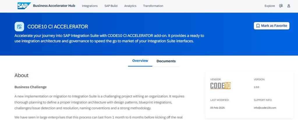 Code10 CI Accelerator listed on SAP Business Accelerator Hub for Integration Suite