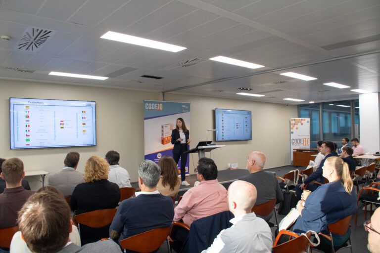 Ana Shopovski, Managing Partner and Product Owner of eCompliance at Code10, presenting global eCompliance strategies during Code10 TechTalks 2024.