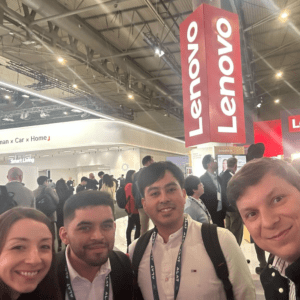 Members of the Code10 team attending Mobile World Congress 2025 at the Lenovo exhibition stand in Barcelona.