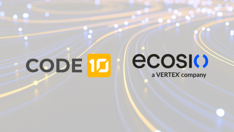 Imagen en la que se combinan el logotipo de Code10 y el de ecosio, una empresa de VERTEX, sobre un fondo gris con rastros de luz que fluyen.