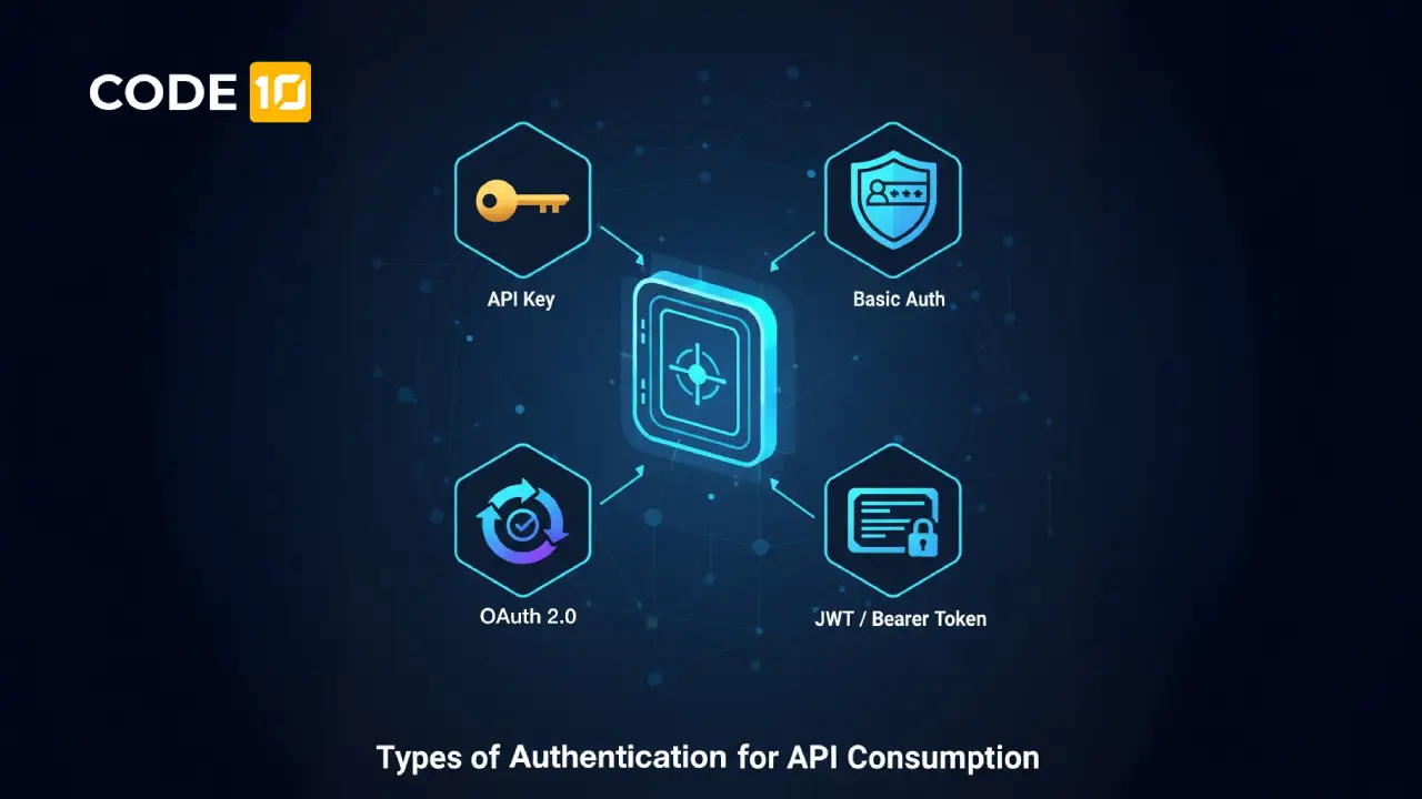 Featured image representing different authentication methods for API consumption, including Basic Authentication, API keys, OAuth 2.0, and token-based security. Ideal for developer blogs, integration guides, and API security content.