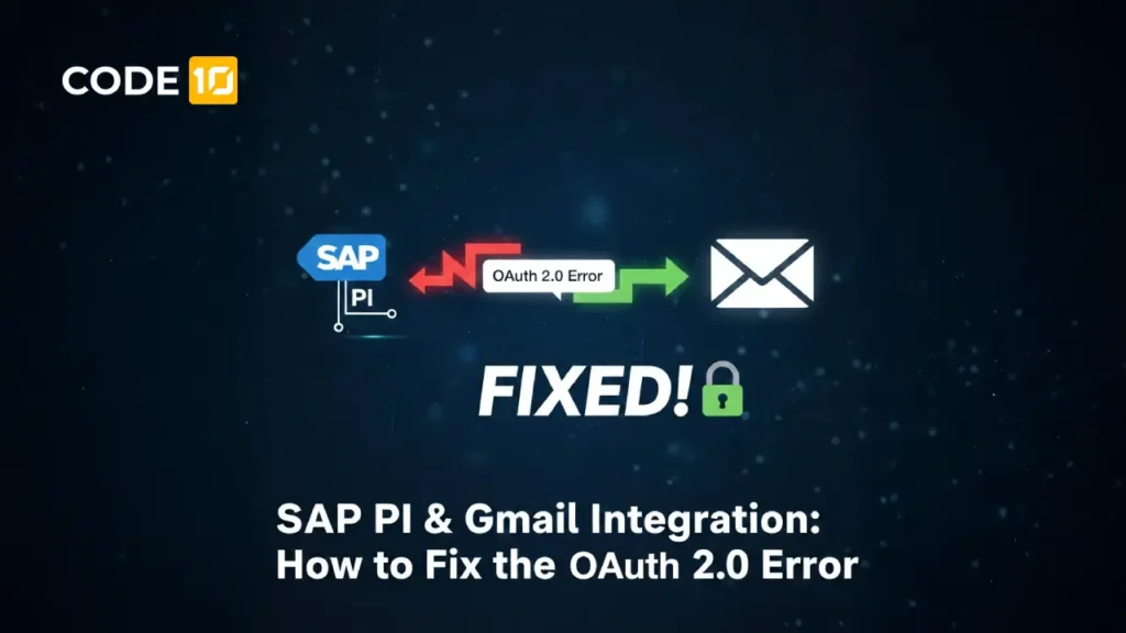 Featured image for a technical article about resolving OAuth 2.0 authentication errors in SAP PI and Gmail integration scenarios. Ideal for blog posts covering API connectivity, secure authentication, and SAP integration troubleshooting.