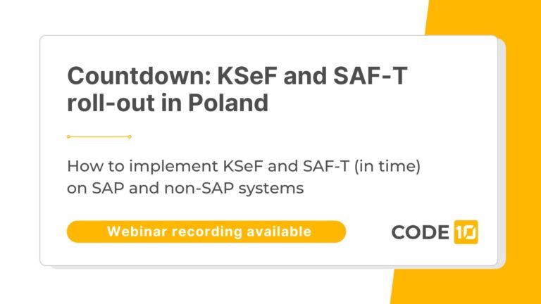 Cartel de Code10 con el título «Cuenta atrás: la implantación de KSeF y SAF-T en Polonia. Cómo implementar KSeF y SAF-T a tiempo en sistemas SAP y no SAP»