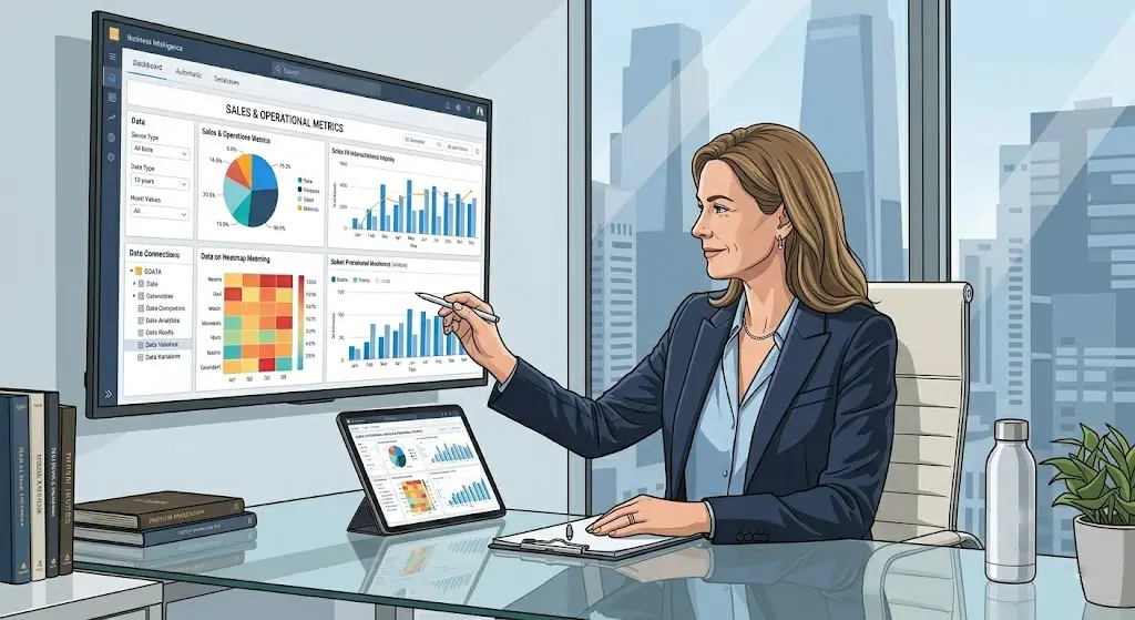 Executive analyzing a business intelligence dashboard to make informed choices (From Data to Decisions).