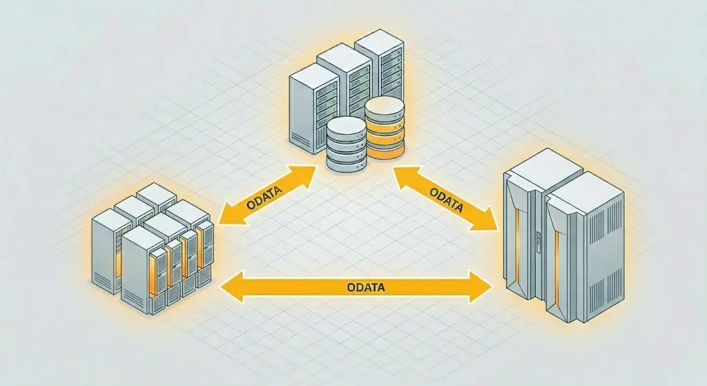 Illustration of multiple servers communicating via OData protocol as part of a Data Modernization Strategy.