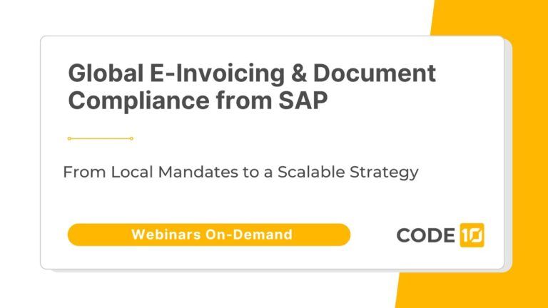 Cartel de la sesión Code10 titulado «Facturación electrónica global y cumplimiento normativo en materia de documentos con SAP: de las obligaciones locales a una estrategia escalable»