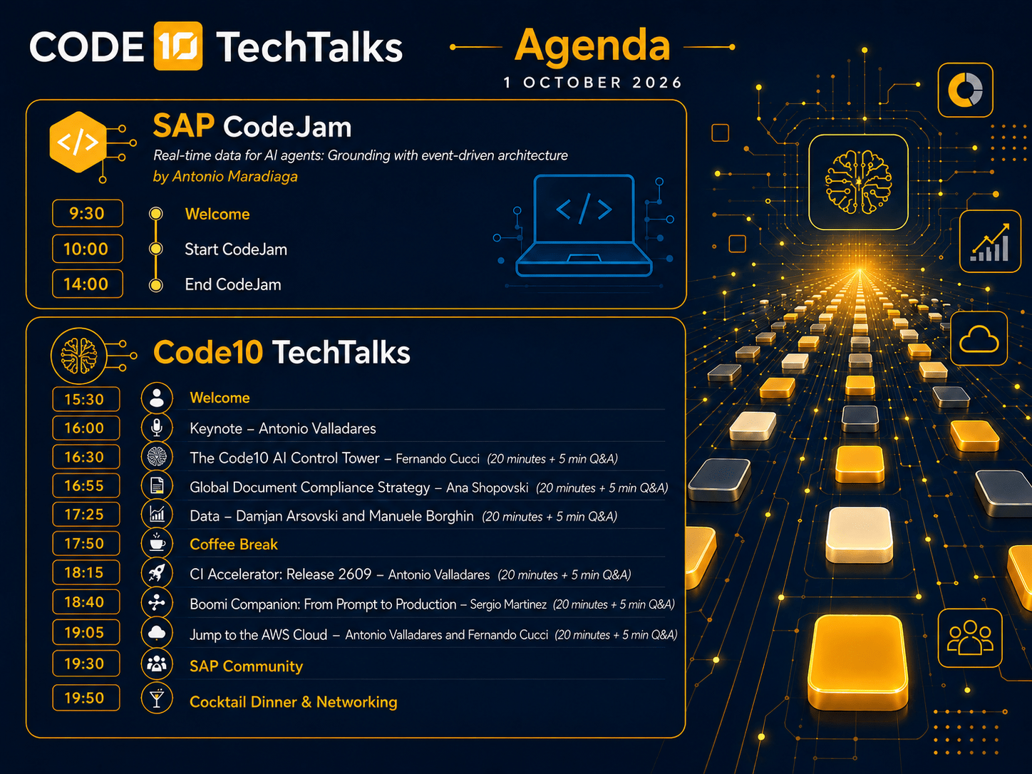 Code10 TechTalks 2026 agenda, 1 October 2026: SAP CodeJam from 9:30 to 14:00, and Code10 TechTalks from 15:30 with Welcome, Keynote by Antonio Valladares, The Code10 AI Control Tower by Fernando Cucci, Global Document Compliance Strategy by Ana Shopovski, Data by Damjan Arsovski and Manuele Borghin, Coffee Break, CI Accelerator Release 2609 by Antonio Valladares, Boomi Companion by Sergio Martinez, Jump to the AWS Cloud by Antonio Valladares and Fernando Cucci, SAP Community, and Cocktail Dinner and Networking at 19:50.