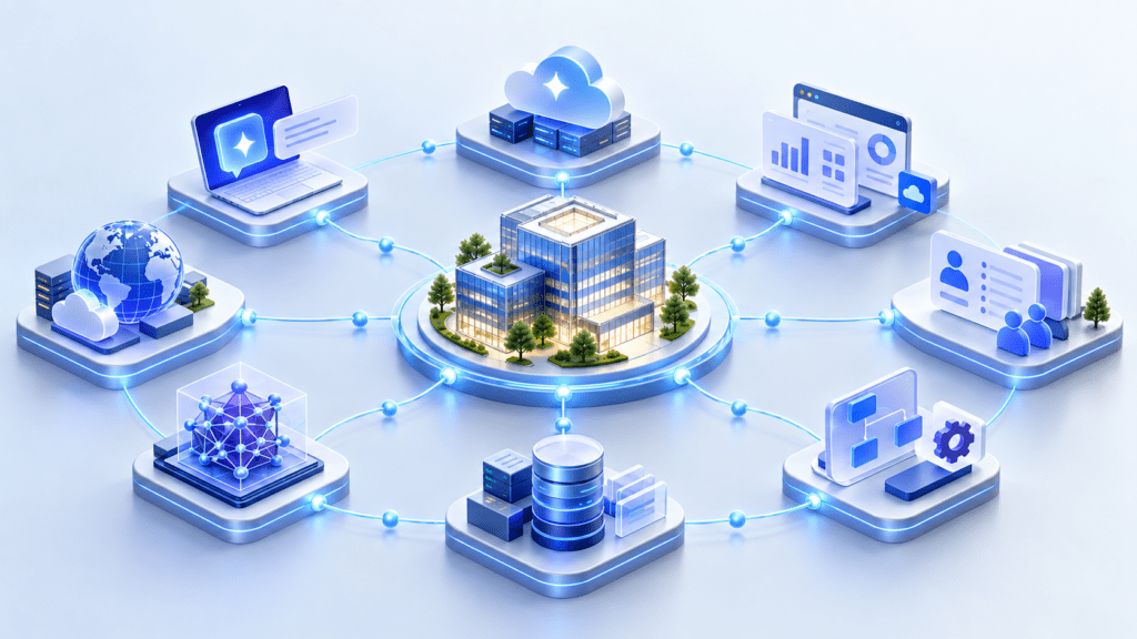 Enterprise AI ecosystem connected across business systems, data platforms and AI services