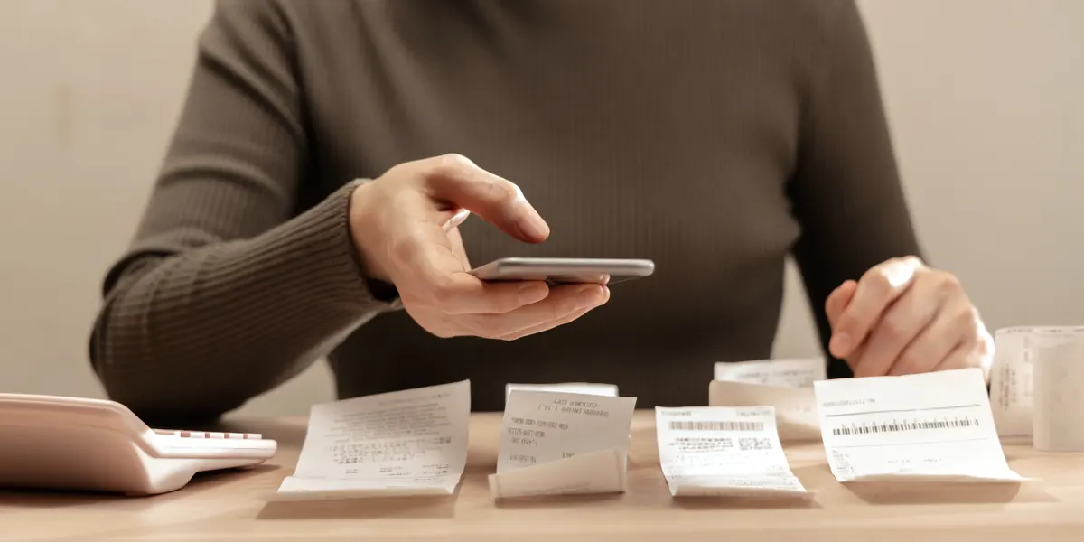 Mujer que digitaliza recibos en papel con un smartphone