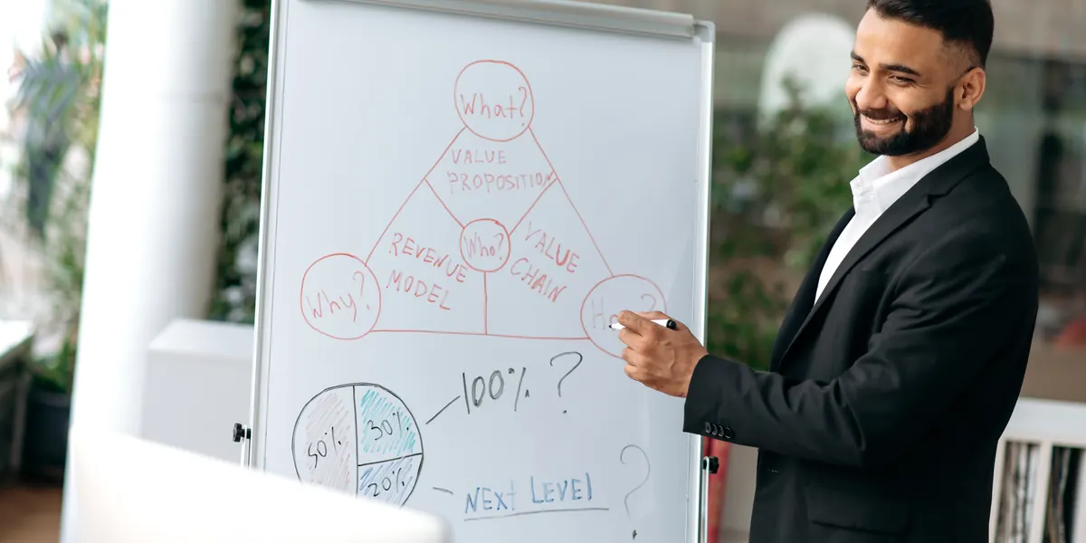 Un consultor explicando una estrategia empresarial en una pizarra blanca