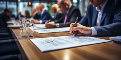 Business professionals reviewing and signing compliance documentation for B2G e-invoicing and public sector procurement in Lithuania.