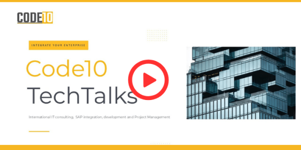 Code10 TechTalks video banner highlighting SAP integration, IT consulting, and enterprise solutions