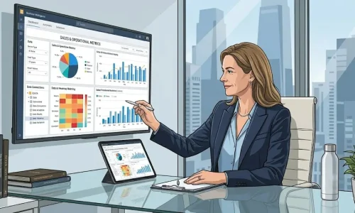 Executive analyzing a business intelligence dashboard to make informed choices (From Data to Decisions).