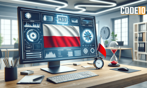 Polish flag displayed on a digital dashboard illustrating the postponed KSeF e-invoicing implementation timeline.