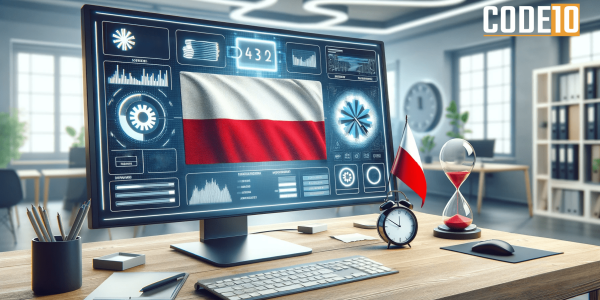 Polish flag displayed on a digital dashboard illustrating the postponed KSeF e-invoicing implementation timeline.