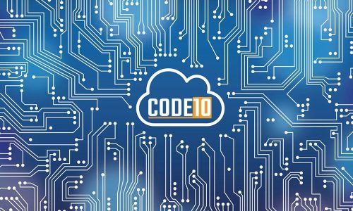 Cloud integration concept with circuit board background and Code10 logo