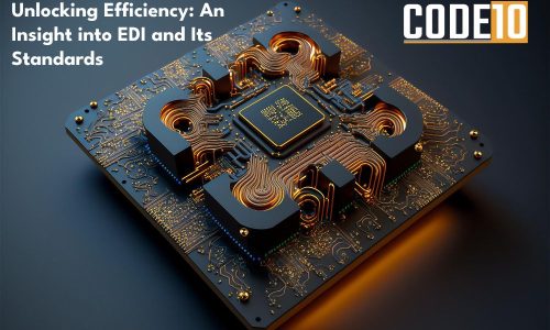 Abstract illustration of a microchip with interconnected circuits symbolizing EDI standards and digital integration.