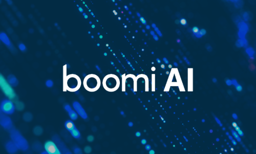Boomi AI logo on blue digital background with abstract data light effects.