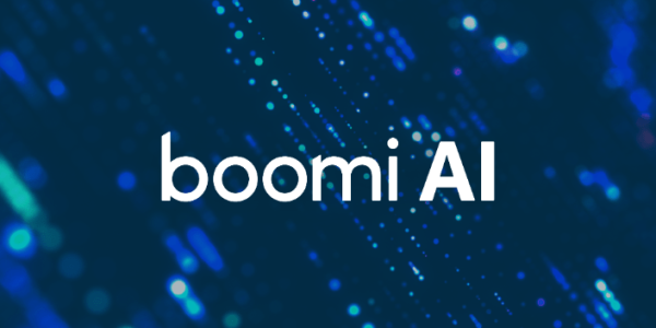 Boomi AI logo on blue digital background with abstract data light effects.