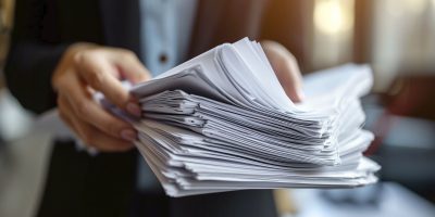 Business professional reviewing a large volume of financial and compliance documents.