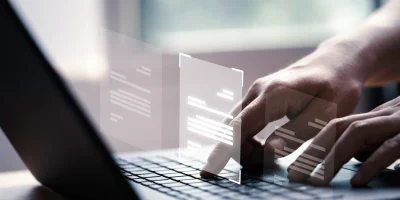 mano-usando-una-computadora-portatil-con-pantalla-virtual-y-documento-para-aprobar-en-linea-el-concepto-de-gestion-de-erp-y-garantia-de-calidad-sin-papel